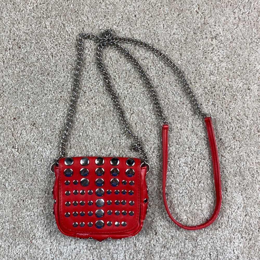 Red Studded Mini Crossbody Bag Silver Hardware Chain Strap Edgy Festival Style